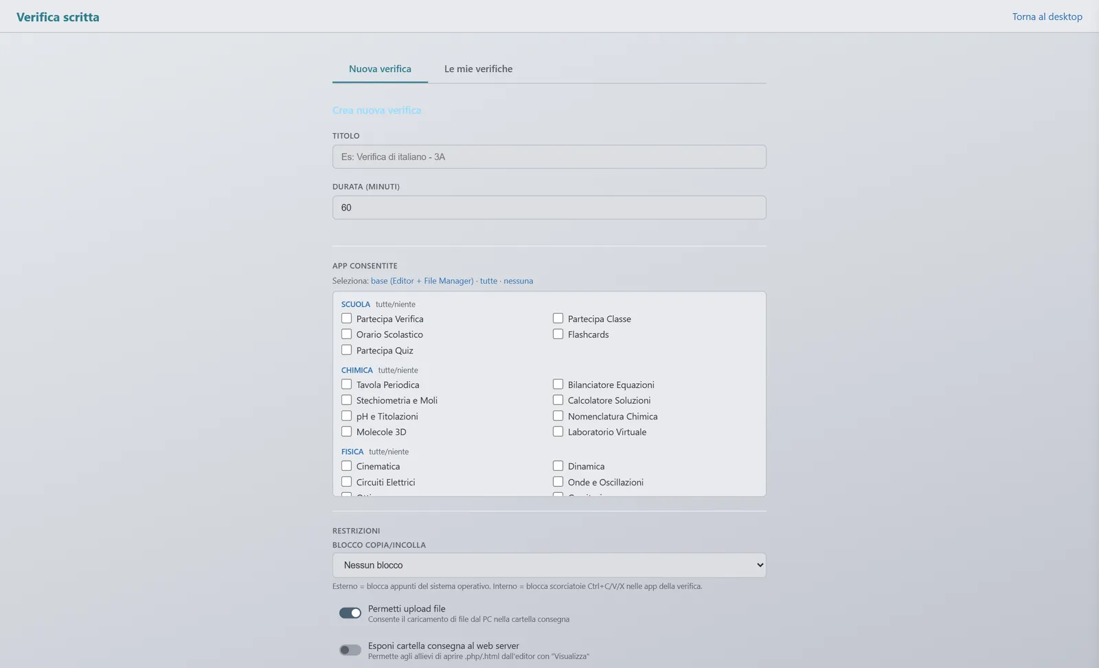Creazione di una verifica in reCoding: durata, app consentite per categoria e blocco copia/incolla