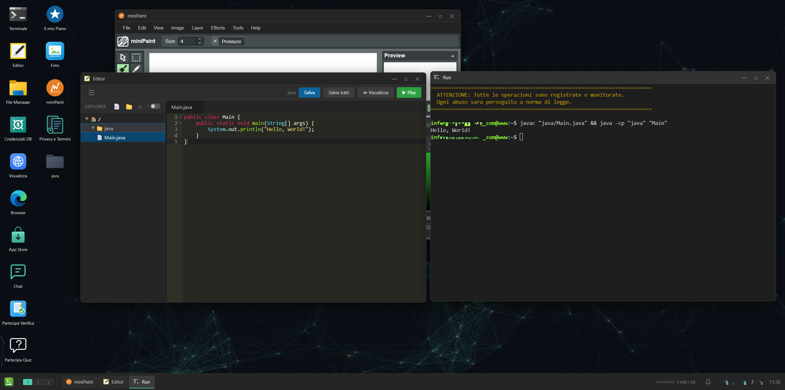 Desktop reCoding con Editor di codice Java, miniPaint e Terminale